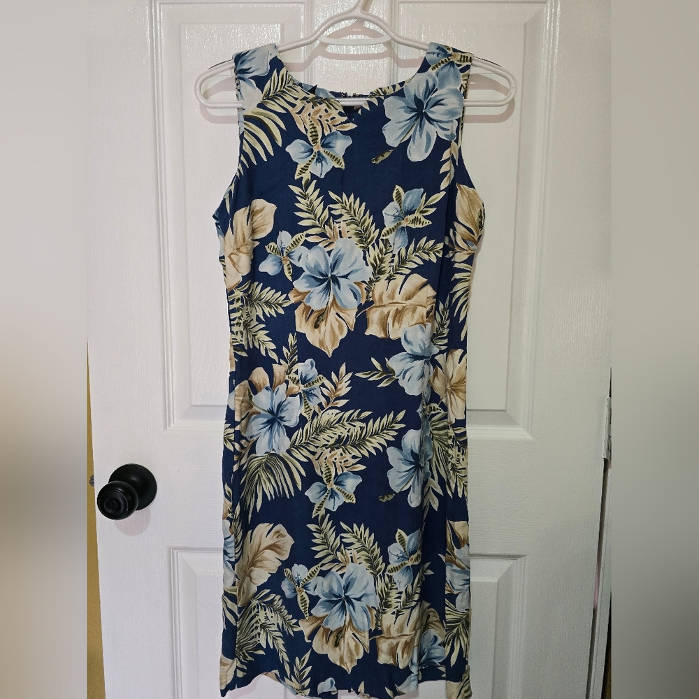 Izod Navy Floral Maxi Dress with Blue and Beige Hibiscus Print